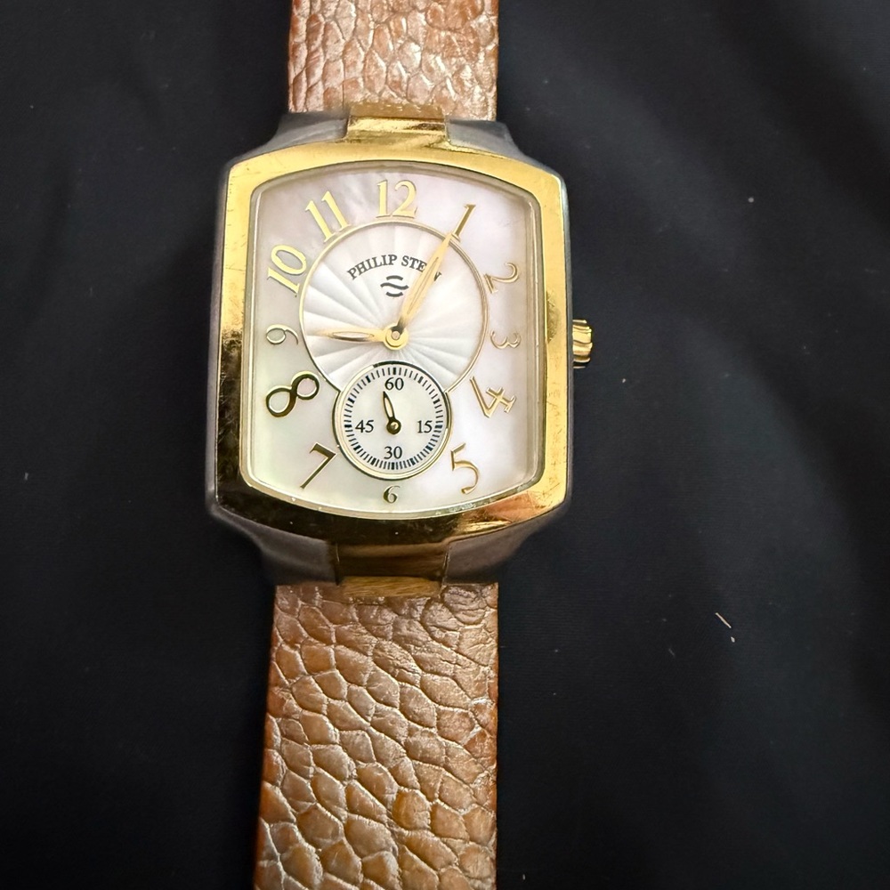 Philip Stein Gold Case Watch with Tan Strap